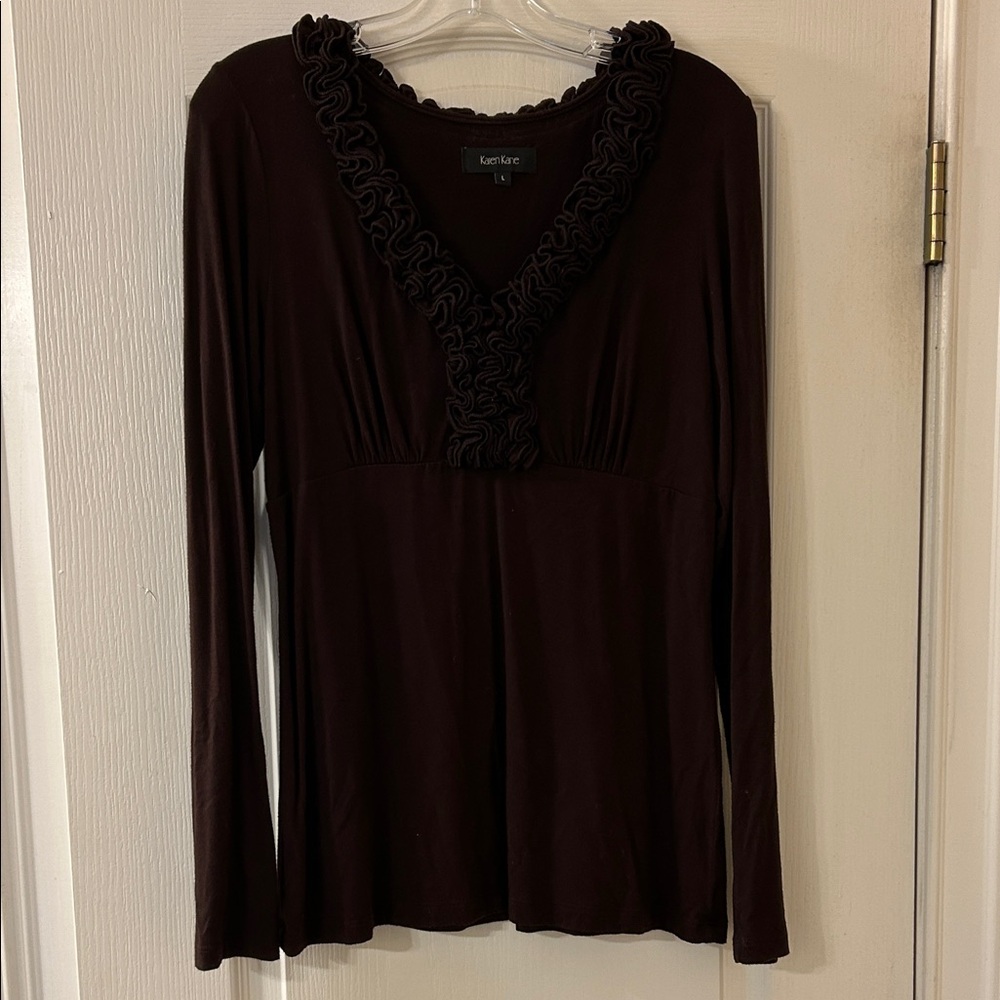 Karen Kane Women's Dark Brown Ruffled Long Sleeve Top